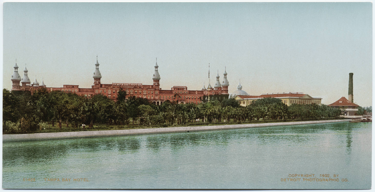 Colorized postcard of the Tampa Bay Hotel circa 1900, showing the ornate Moorish architecture